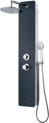 A modern hydromassage shower column with a rain shower head, a handheld shower head, and two control knobs, presented against a white background.