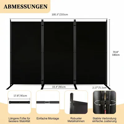 Obrázek produktu pro Skládací přepážka do místnosti, 3 panely, šířka 255 cm, výška 180 cm, černá barva