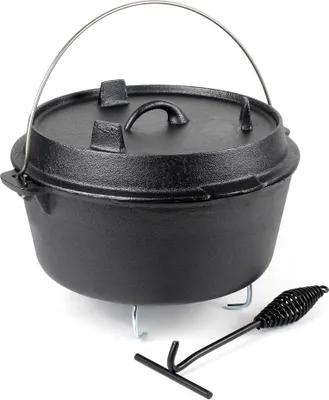 Produktbild von Dutch Oven 9l mit Untersetzer und Deckelheber, Kochtopf aus Gusseisen für Lagerfeuer und Camping