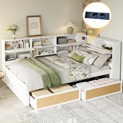 Produktbild von Schlafsofa Massivholz 140x200 Schublade Multifunktionales Einzelbett Kinderbett Staufächer Ladeanschluss Weiß
