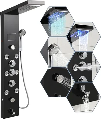 Produktbild von Peviasot Duschpaneel 6-in-1 mit LED, Regendusche & Massage, Schwarz