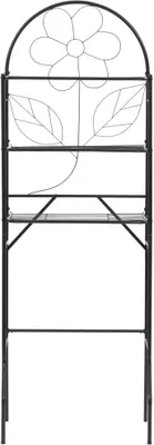 A black metal shelving unit with a decorative flower design at the top.