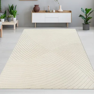 Image de Tapis de salon court et doux à poils bas avec motif de lignes spéciales en crème Taille - 160 x 220 cm