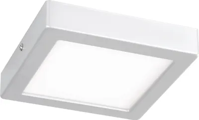A white square LED ceiling light is shown against a white background.