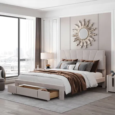 A bedroom scene featuring a bed with storage drawers, a nightstand, and a large window.