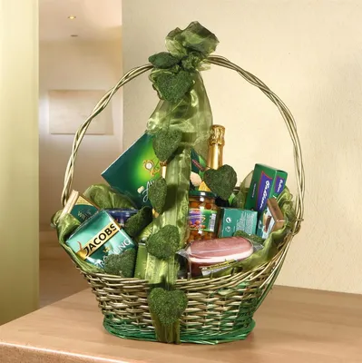Produktbild von Präsentkorb grün / gold mittel, aus Weide, Geschenkkorb leer, Henkelkorb, Weidenkorb