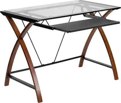 Image de Bureau d'ordinateur en verre - Tiroir à clavier coulissant - Élégant Bureau d'ordinateur en verre - Tiroir à clavier coulissant - Élégant