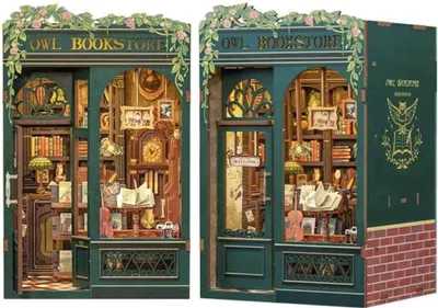 Image de Habarri | DIY Book Nook - Librairie sous le hibou - Puzzle 3D - Kit maison miniature avec meubles et lumière LED - Kit coin de livre