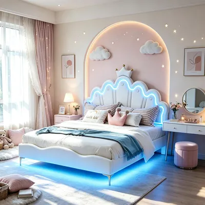 Produktbild von INONEFT Kinderbett 140x200cm, Prinzessinnenbett mit LED, Polsterbett für Mädchen, Doppelbett mit Kronen-Kopfteil, Bettrahmen mit Lattenrost, PU, Weiß