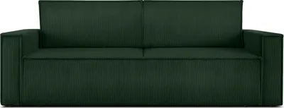 A dark green corduroy sofa is shown from the front against a white background.