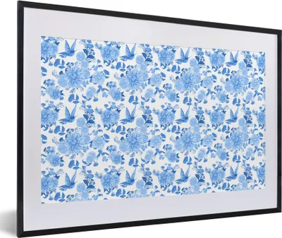 Produktbild von MuchoWow® Gerahmtes Poster Blumen - Muster - Blau 60x40 cm - Poster mit Schwarzem Bilderrahmen Wandposter Rahmen Foto Bilder - Schlafzimmer - Plakat in Rahmen - Drucken