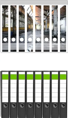 Produktbild von Wallario 8 Stück schmale Ordner inkl. Klebeetiketten mit Motive Alte Industriehalle  leerstehend und einsam -  Set mit Rückenschildern / Ordnerrücken Stickern