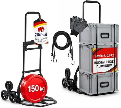 Immagine prodotto di Carrello pieghevole per scale a forma di elefante | pala grande | capacità di carico 150 kg | leggero, solo 6,8 kg | alluminio, pneumatici in gomma piena | manico telescopico da 100 cm | colore nero | carrello per il trasporto, ideale per scale
