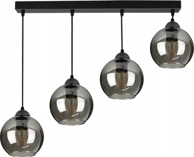 A black linear chandelier with four hanging glass pendant lights.