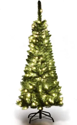 A green artificial Christmas tree with warm white LED lights, standing on a black metal stand against a white background.