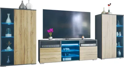 Produktbild von Vladon Wohnwand Davos, Anbauwand bestehend aus 2 Vitrinen und 1 TV-Board, Anthrazit matt/Eiche Natur inkl. LED-Beleuchtung (329 x 134 x 35 cm)