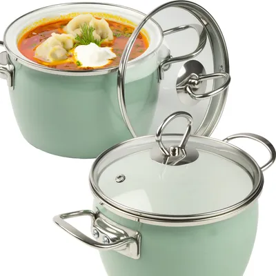 Two green enamel pots with glass lids, one filled with soup and dumplings.