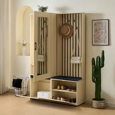 Produktbild von STILVORA Garderobenschrank mit Spiegel und Sitzbank, Modernes Flurmöbel-Set mit ausziehbarer Kleiderstange, Schuhablage, 4 Haken und Polsterbank