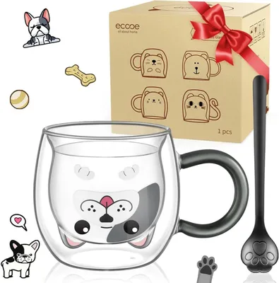 Produktbild von Doppelwandige Hundetasse 280ml mit Löffel - Kaffeeglas für Geburtstag Valentinstag