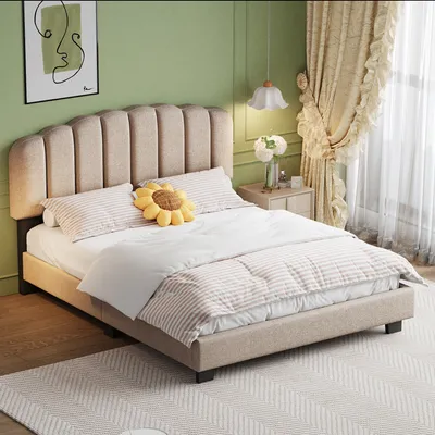 A bedroom scene with a bed, nightstand, and curtains.