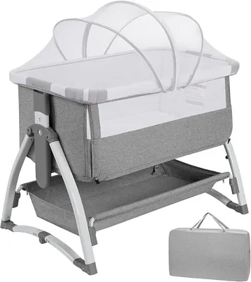 Imagen del producto de Cuna de viaje 3 en 1, cuna plegable, moisés para bebé con colchón y mosquitera, con altura ajustable, incluye bolsa de transporte, para bebés de 0 a 36 meses, color gris claro