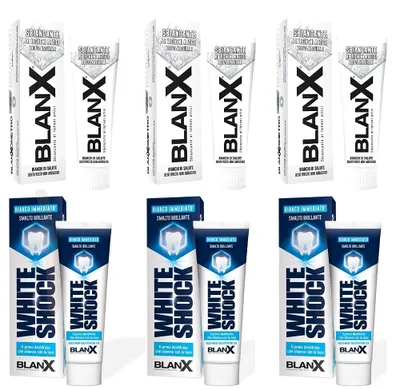 Produktbild von 3x BlanX White Shock Zahnaufhellung, Zahnschmelzschonende Zahncreme, für weißere Zähne, 75ml. + 3x BLANX Zahnpasta Sbiancante 75 ml