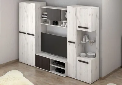 Produktbild von Wohnwand Anbauwand Schrankwand TV-Lowboard Sideboard Viva mit Kommode und RGB-Beleuchtung (Weiß Craft+Norwegische Schwarzkiefer)