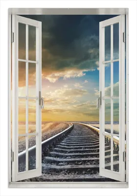 Produktbild von Wallario Wandbild mit Fenster-Illusion: Bahnschienen ins Ungewisse, Größe: 61 x 91,5 cm, Poster mit rahmenlosen Bildhalter