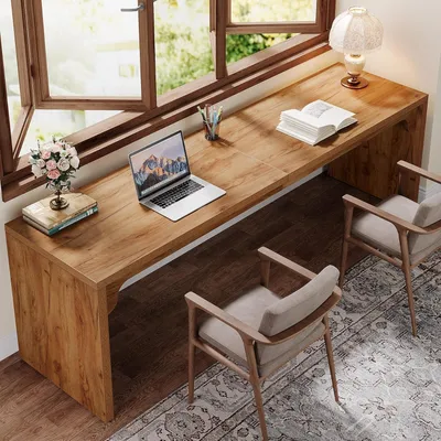 Image de Bureau double, bureau d'ordinateur, 180 x 59 x 75 cm, couleur marron, matériau bois