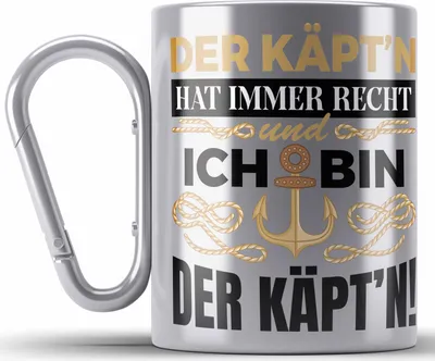 Produktbild von Trendation - Kapitän Edelstahl Tasse Karabiner Geschenk Käptn Lustiger Spruch Bootsfahrer Sportboot Herren Segler Segeln Motoboot (Silber)