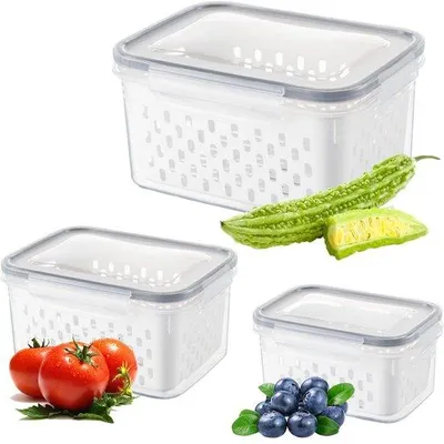 Produktbild von Ibenzoa® Frischhaltedosen 3‑tlg. mit Abtropfkorb & luftdichten Deckeln – 3300/1750/850 ml, stapelbar, für Kühlschrank