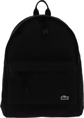 A black Lacoste backpack is shown against a white background.