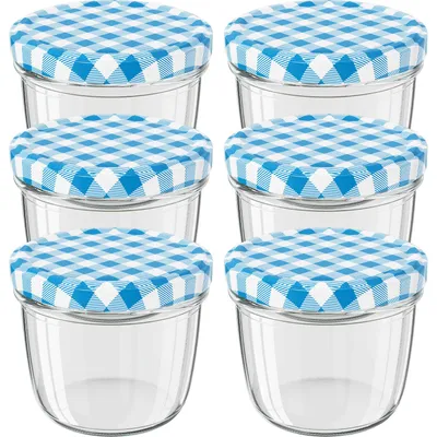 Produktbild von WELLGRO Einmachgläser blau kariert 230ml mit Schraubdeckel - 230 ml, 8,5 x 6,5 cm (ØxH), Glas / Metall, blau karierte Deckel To 82, Gläser Germany, verschiedene Mengen wählbar, Stückzahl:6 Stück