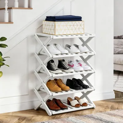 Immagine prodotto di Scaffale per scarpe in bambù, 5 ripiani, bianco, dimensioni 49x26x91 cm, pieghevole