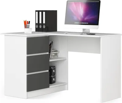Immagine prodotto di Scrivania angolare - Scrivania con cassetti - Soluzione per l'area lavoro domestica - Design reversibile - 124 x 77 cm - Bianco grigio