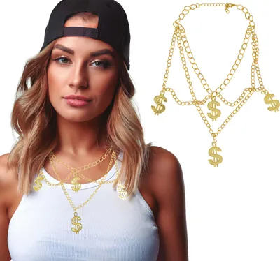 Productafbeelding van Wereldculturen, symbool, halsketting, glamour, dollar, carnaval, sieraden, elegant, opvallend, hiphop, inspiratie, stijl, mode, feestelijk, kleur: goud