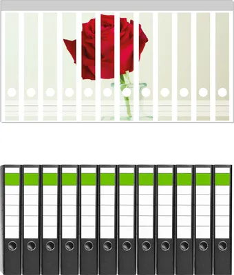 Produktbild von Wallario 12 Stück schmale Ordner inkl. Klebeetiketten mit Motive Rote Rose in Glasvase -  Set mit Rückenschildern / Ordnerrücken Stickern
