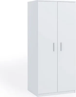 A white wardrobe with two doors and silver handles, shown against a white background.