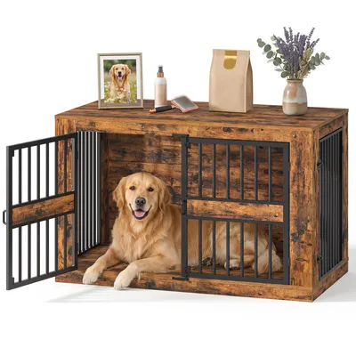Produktbild von undekäfig Möbel, 120 cm Hundebox Möbel mit 4 Türen, Vintage Braun XXL Hundebox für Zuhause, Moderne Hundebox Holz Indoor für Mittlere/Große Hunde