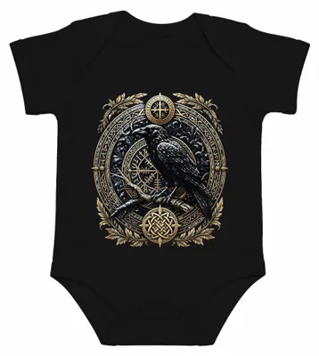 Imagen del producto de Body para bebé con motivos vikingos: runas, símbolo Vegvisir, brújula, Odín, Valhalla, mitología. Color: . Talla: 6/12 meses