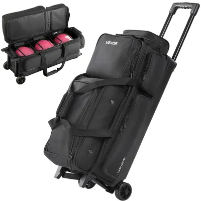 Image de Sac de bowling VEVOR pour 3 boules avec roulettes doubles, compartiment séparé pour chaussures (jusqu'à la taille 16 US) et poche accessoire surdimensionnée, poignée rétractable pouvant être déployée jusqu'à 105 cm, noir.