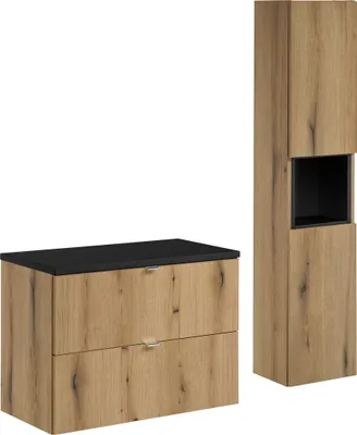 Zdjęcie produktu dla Nowoczesny Zestaw Mebli Łazienkowych 80 Cm Dąb + Czarny Blat + Słupek