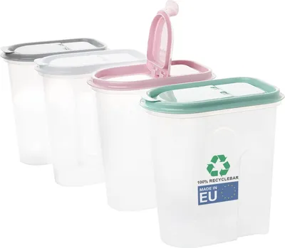 Four transparent storage containers with different colored lids are lined up.