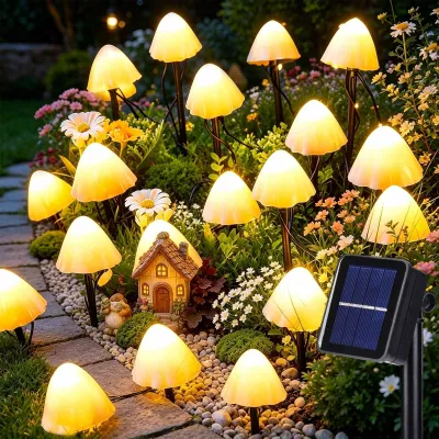 Solar-Pilzleuchten, 5 m, 20 LEDs, 2 Modi, wasserdicht, für Garten