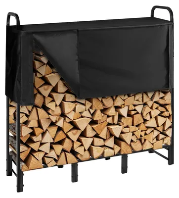 Produktbild von VEVOR Holzlagerregal, 6 Fuß Holzregal für den Außenbereich, schwarzes Holzregal, Stahl Holzregal für den Außenbereich, Holzlager mit einer Tragfähigkeit von 1300 lbs, Holzregal mit Abdeckung und Kaminwerkzeugset, 122x32x118 cm (Teilabdeckung)