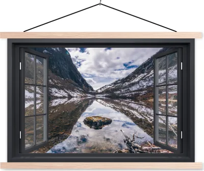 Produktbild von MuchoWow® Textilposter Aussicht - Berge - Wasser 60x40 cm mit holzfarbenen Rahmen - Bilder