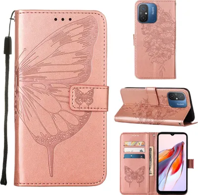 Produktbild von Lederhülle für Xiaomi Redmi 12C /Poco C55 Schmetterling Prägung Flip Ledertasche Kartenfächer Handyhülle mit Ständer Pink