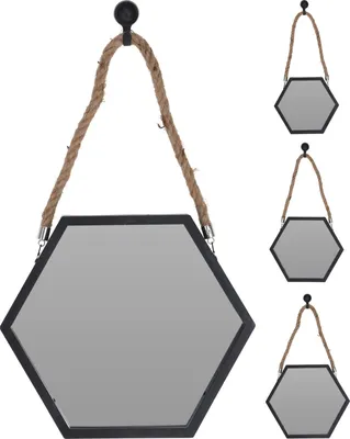 Produktbild von 3-teiliges Hexagon Wandspiegel Set mit Metallrahmen und Kord-Aufhängung