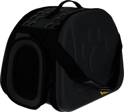 A black pet carrier bag with a paw print design on the side.