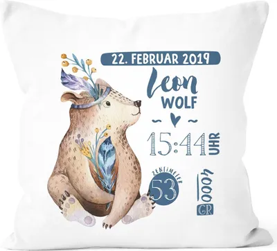 Produktbild von personalisierbares Kissen zur Geburt Bär Geburtskissen Namenskissen Geschenk Geburt Baby Jugen Wunschname SpecialMe® weiß unisize
